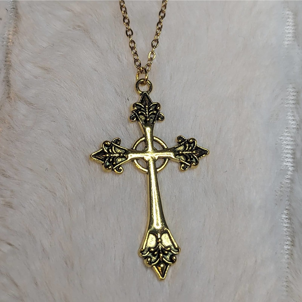 Large Gothic Style Cross Charm on a Dainty Chain Necklace